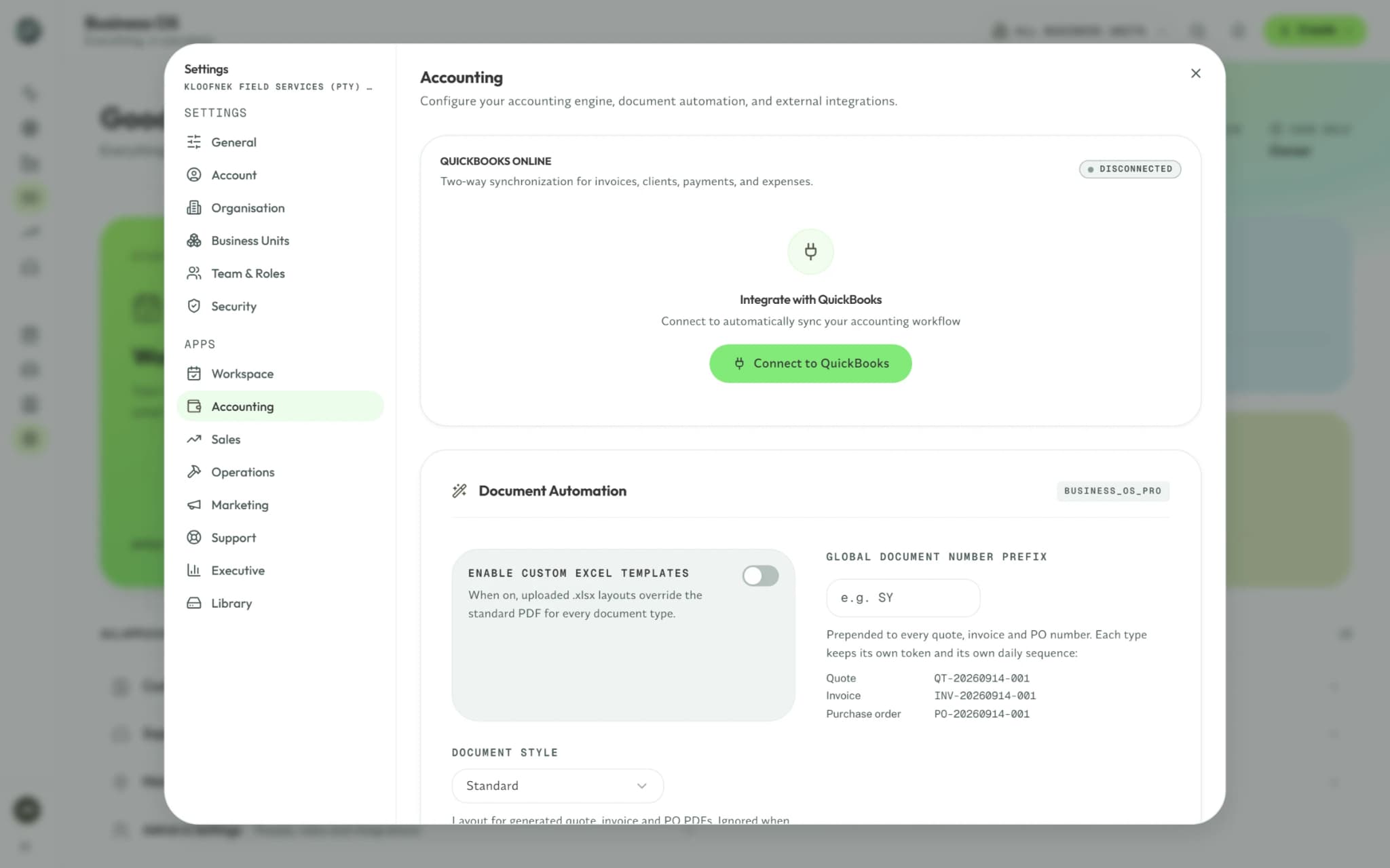 Syniq Accounting settings, with the QuickBooks Online connection ready to set up.