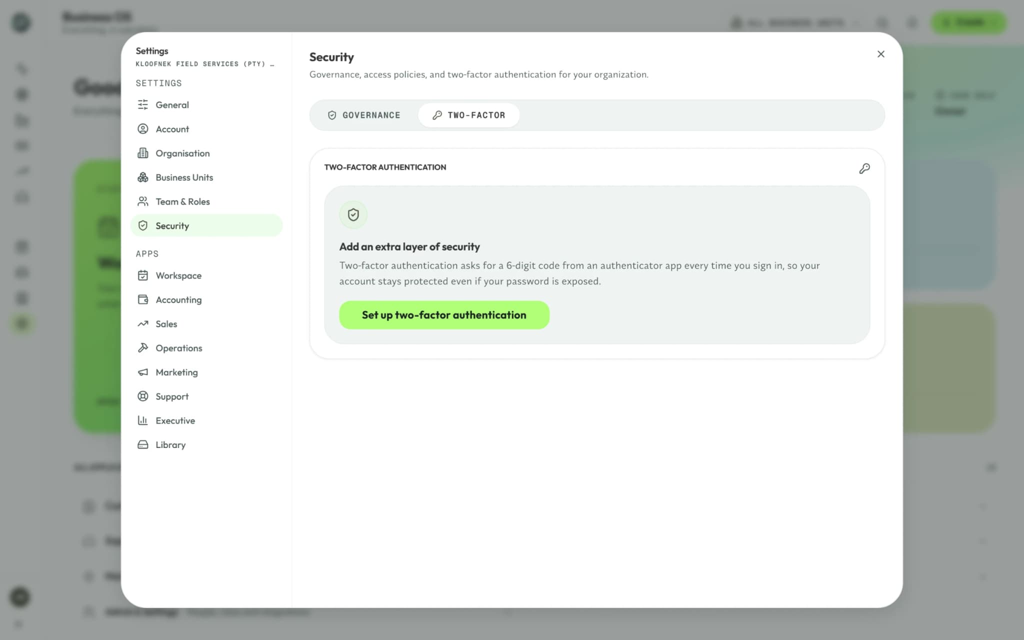 Syniq Security settings, with two-factor authentication by authenticator app ready to set up.