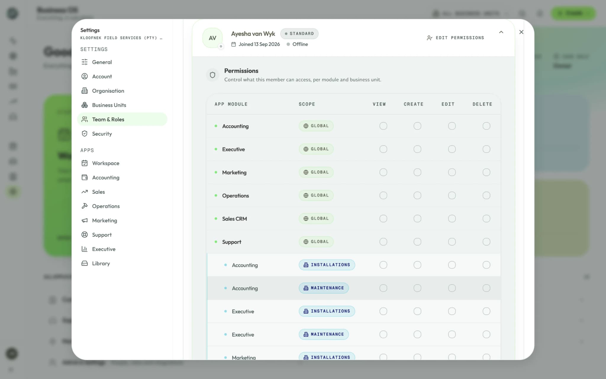 One member's access in Syniq Team & Roles: view, create, edit and delete for each app, globally and per business unit.