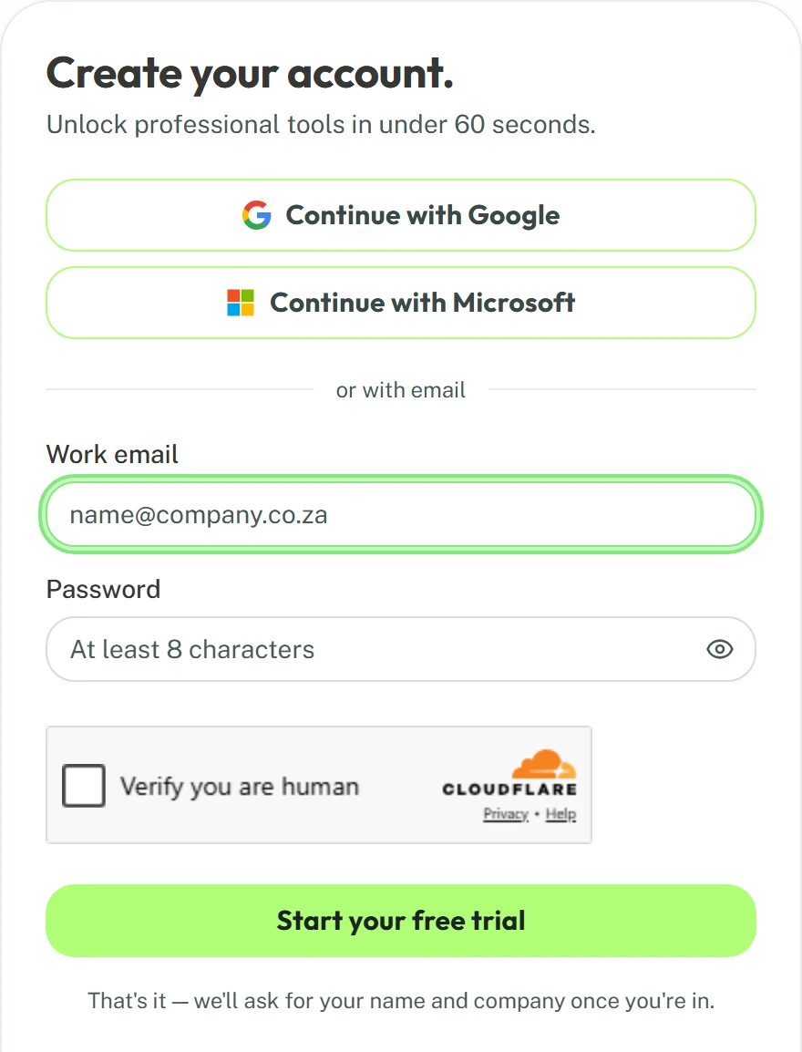 The Syniq sign-up form, with Google, Microsoft and email options.