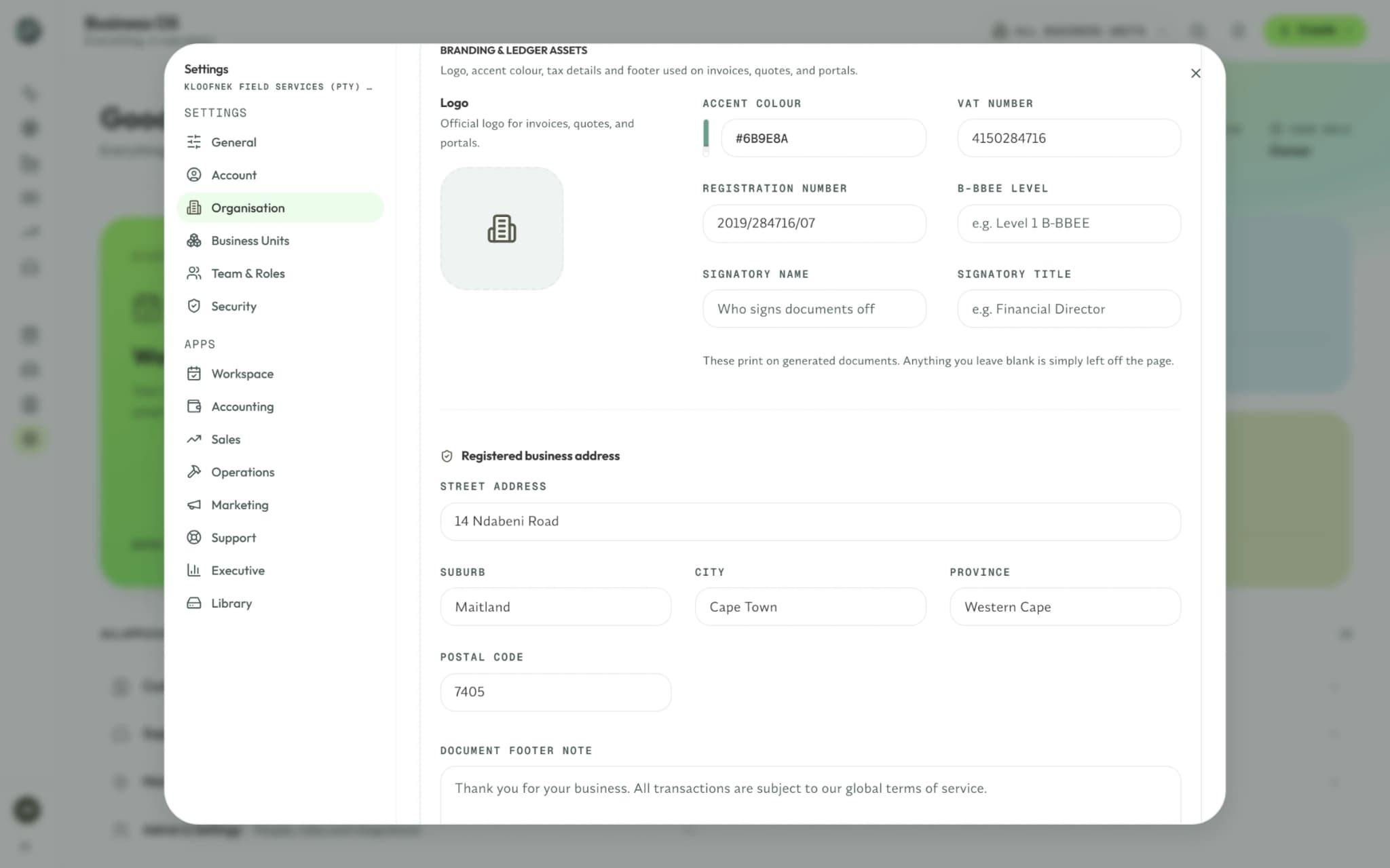 Syniq organisation settings with the logo, VAT number and registration number used on documents.