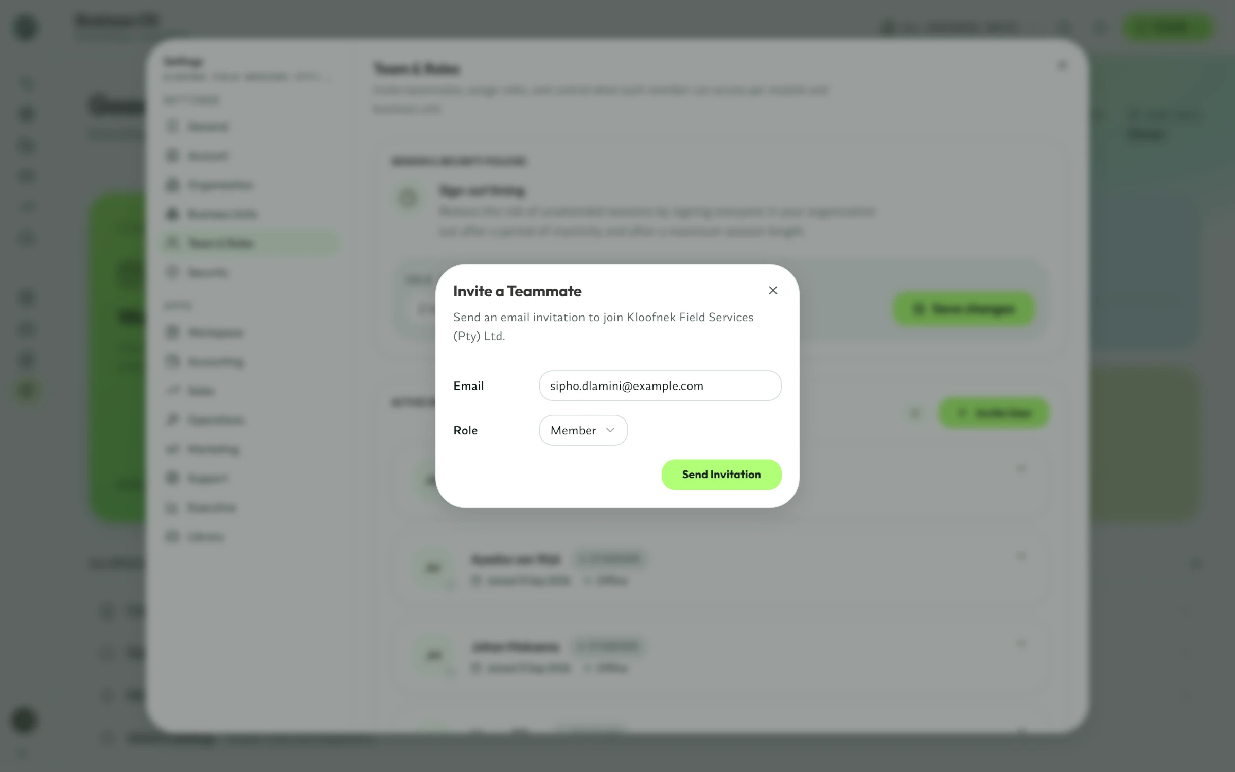 The Invite a Teammate dialog in Syniq, with an email address and the Member role chosen.