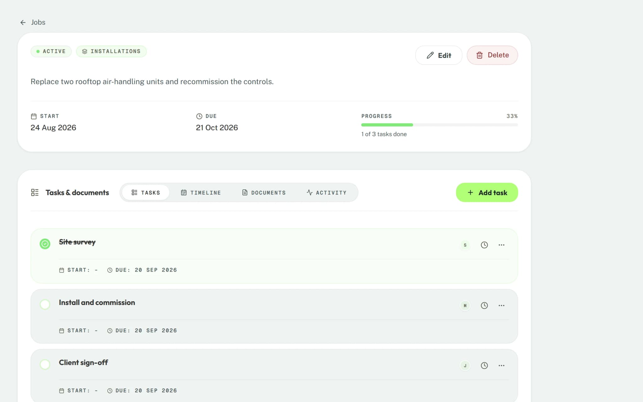 A job in Syniq Operations with its three tasks, one done, and its progress bar.