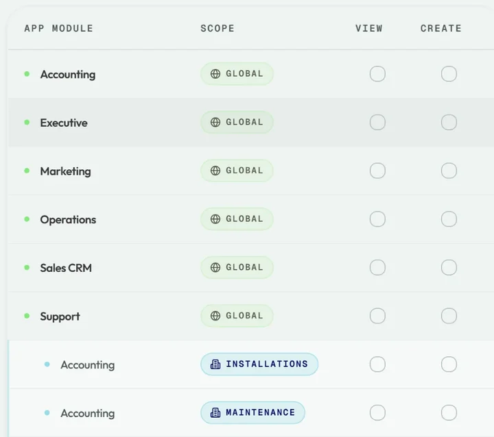 One member's access in Syniq Team settings: what they can view and create in each app, globally and per business unit.