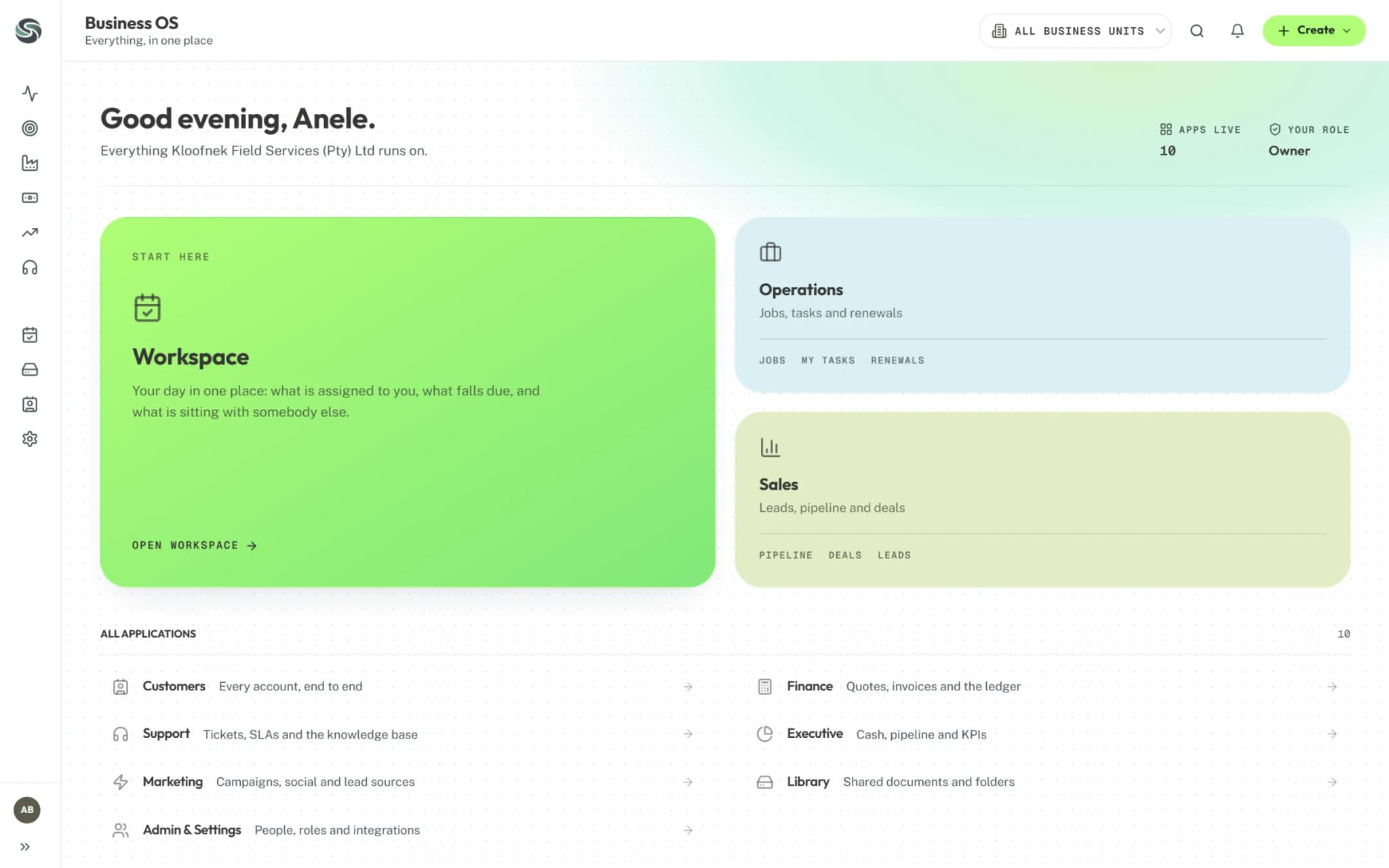 The Syniq Business OS launcher, with Workspace, Operations and Sales first and every other app listed below.