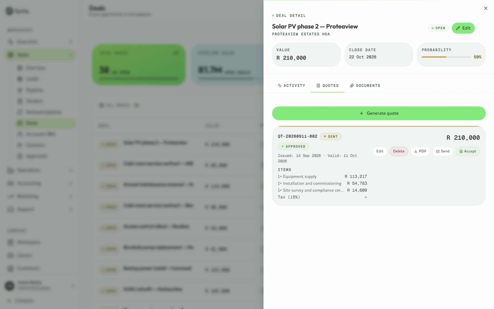 A deal in Syniq Sales with its quote and the button that accepts it and generates the invoice.