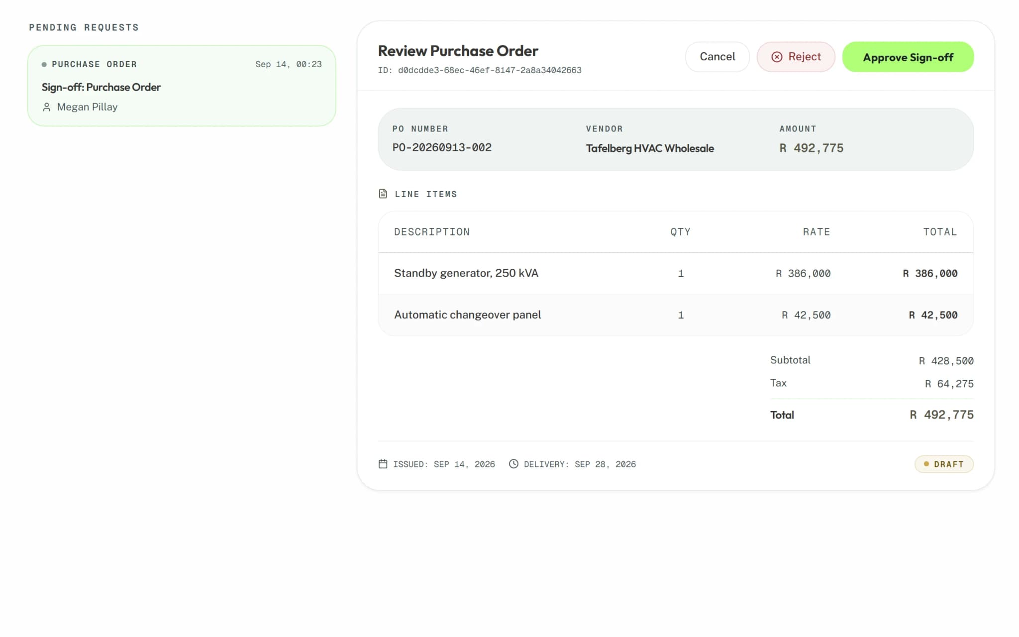 A purchase order open for review in Syniq Approvals, with its lines, total and an Approve button.