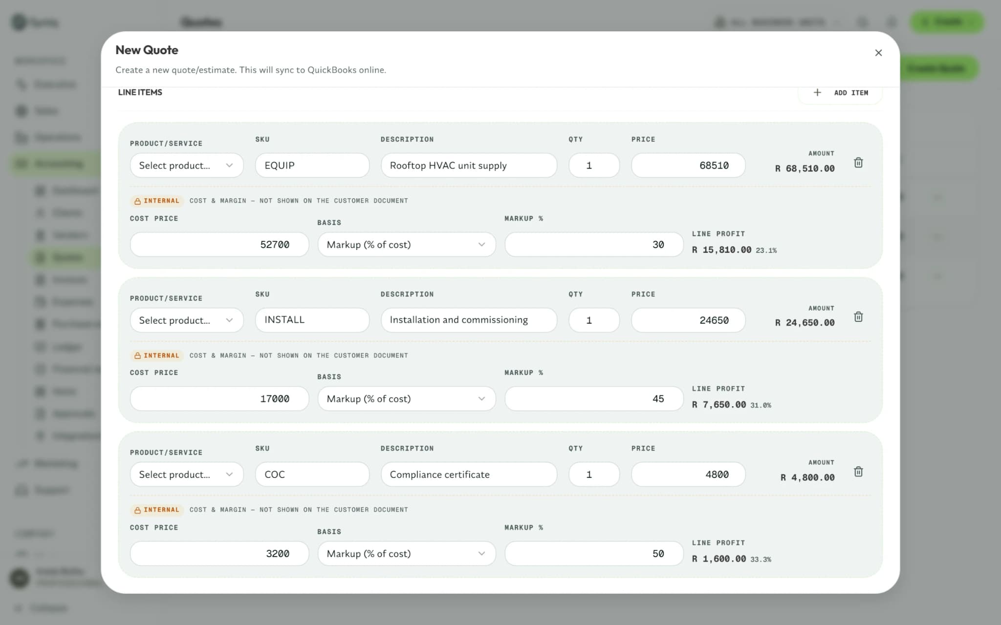 A new quote in Syniq with three line items, each with its price, cost and profit.